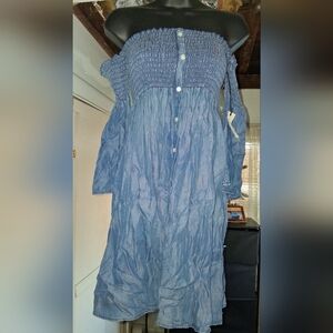 Off-Shoulder Blue Denim Dress With Bell Sleeves..